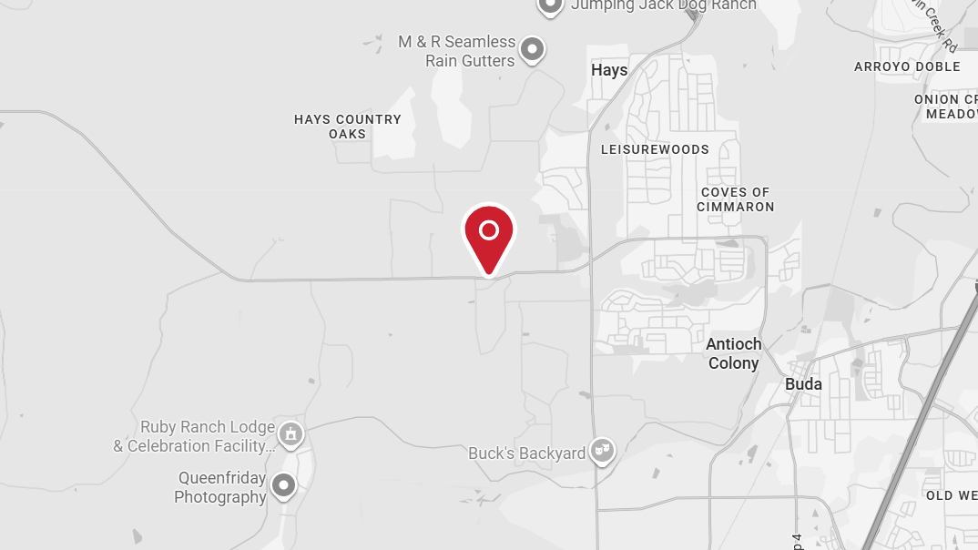 Map showing a marked location near Buda, Texas, with nearby landmarks including Hays Country Oaks, Coves of Cimmaron, and Ruby Ranch Lodge.