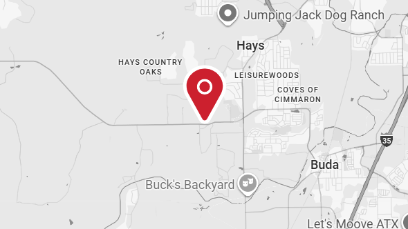 Map showing a location marked by a red pin near Hays, Texas, with nearby landmarks such as Buck's Backyard and Jumping Jack Dog Ranch.