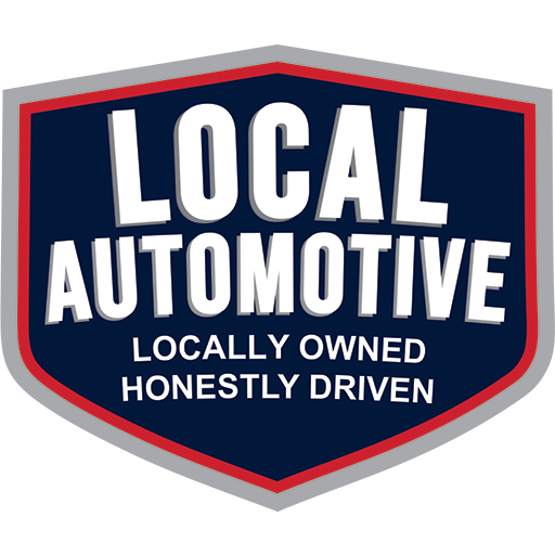 Logo design featuring the words "LOCAL AUTOMOTIVE" at the top in bold, white lettering, with the tagline "LOCALLY OWNED HONESTLY DRIVEN" below, all set against a dark blue shield shape with a red outline.