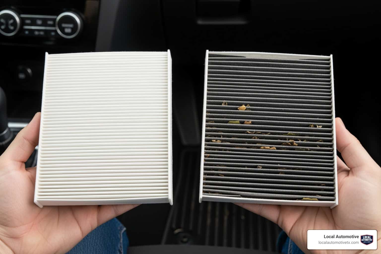 Car Cabin Air Filter Replacement Clean and dirty cabin air filters for vehicle air quality.